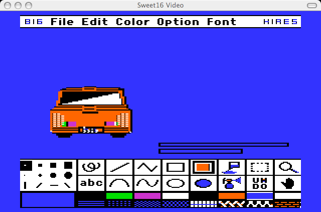 Drawing the rear view of a car in 8/16 Paint with blue backdrop for chromakey purposes.