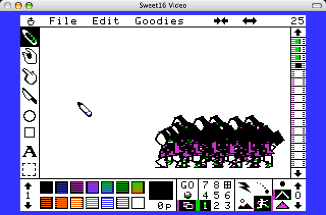 Animating the skipping girl in Fantavision. Here all of her frames are superimposed.