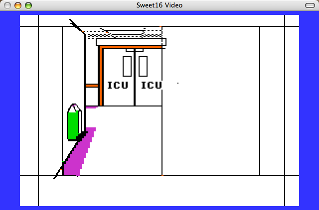 The ICU shot coming together in 8/16 Paint. The various borders indicate mattes for a 3:4 TV screen-sized shot and also for animations in Fantavision.